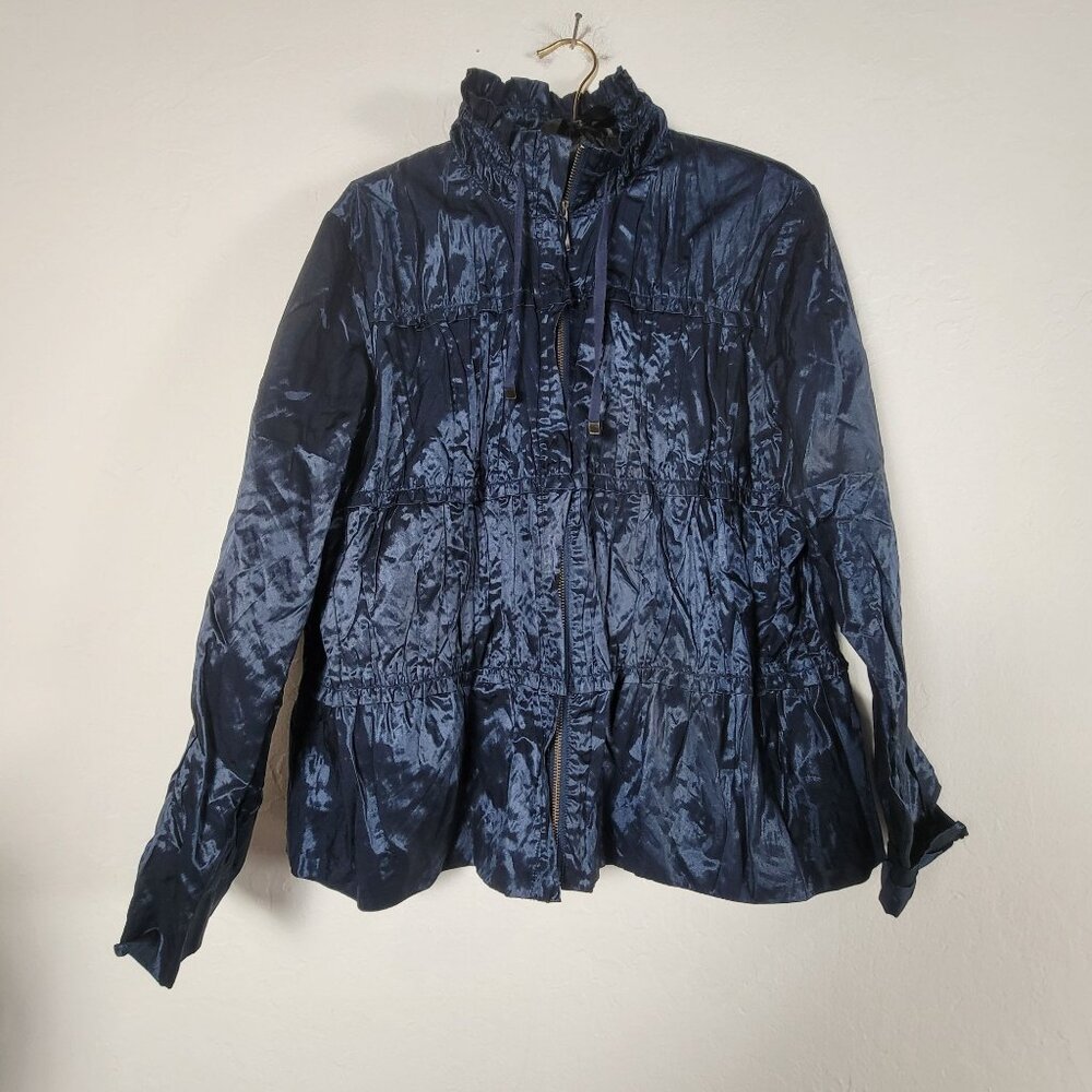 Chico's Ruffle Collar Zip Front Navy Blue Jacket Size 3 Womens Crinkled